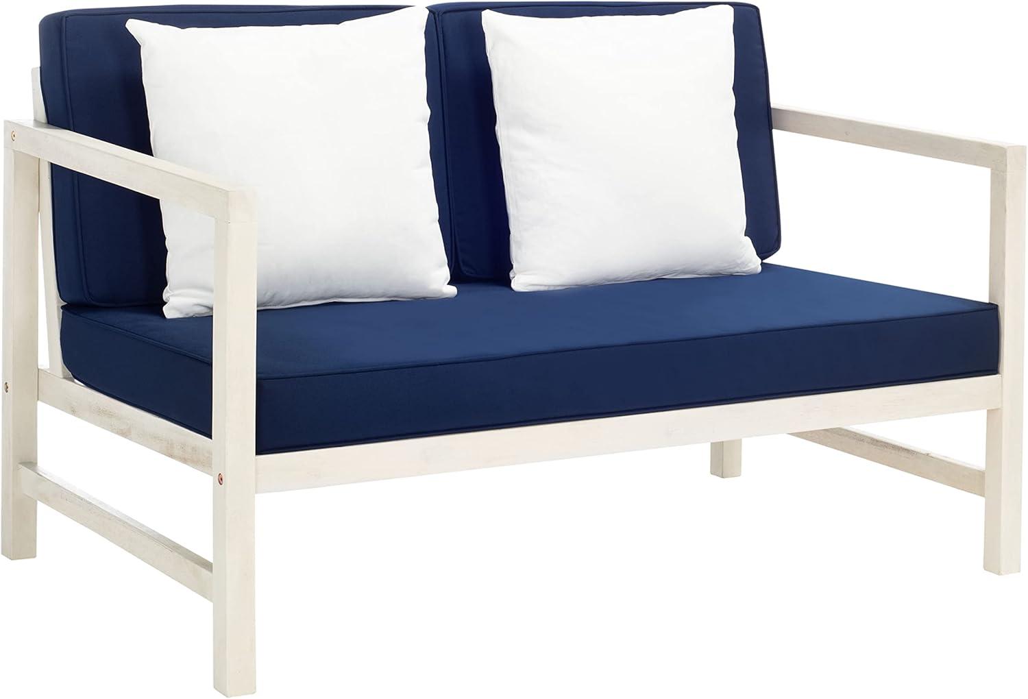 image:imageSAFAVIEH Outdoor Collection Montez Natural Beige Cushions Navy Pillows 4Piece Conversation Patio SetWhite Navy Solid Pillow