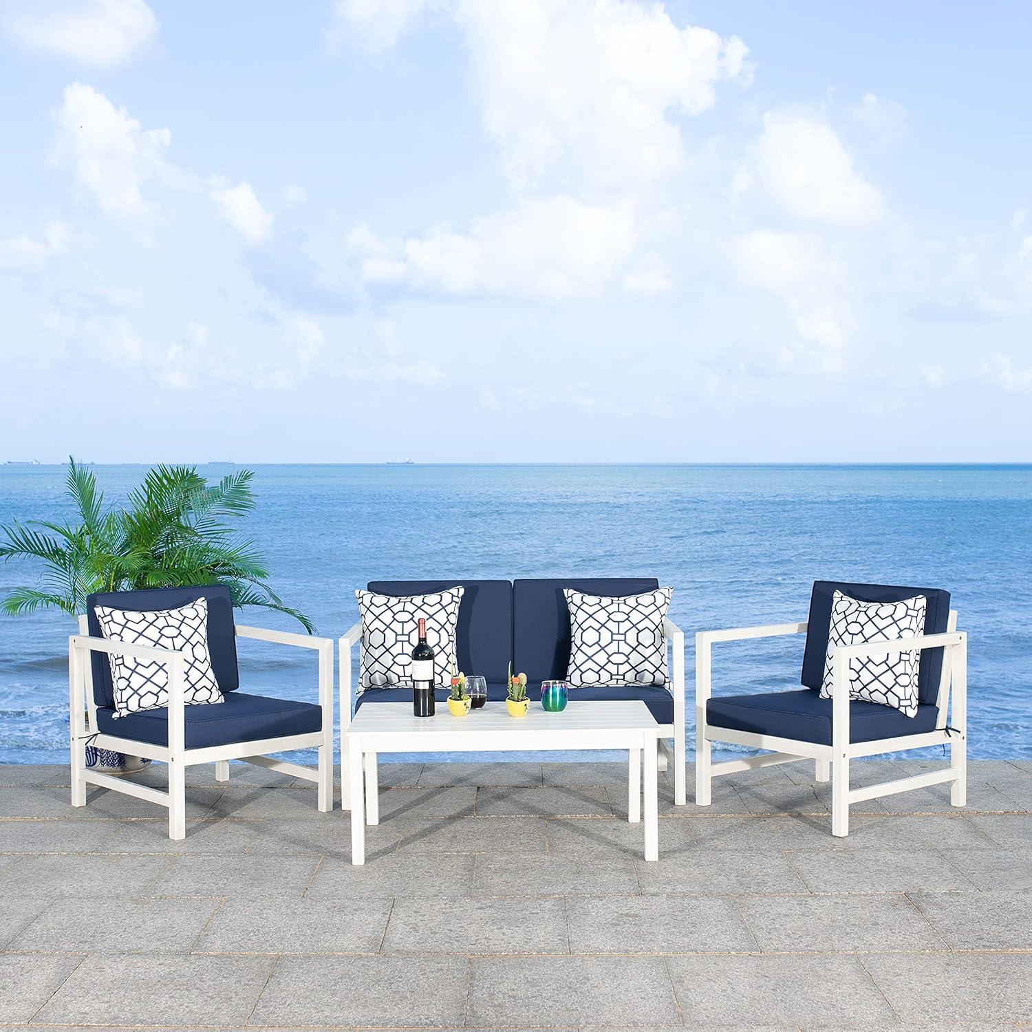 image:imageSAFAVIEH Outdoor Collection Montez Natural Beige Cushions Navy Pillows 4Piece Conversation Patio SetWhite Navy Trellis Pillow