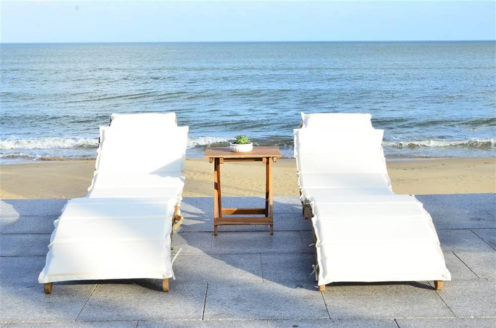 image:imageSAFAVIEH Outdoor Collection Pacifica Natural Brown Solid WoodNavy Cushion 3Piece Chaise Lounge Set with Table PAT7020CNaturalBeige