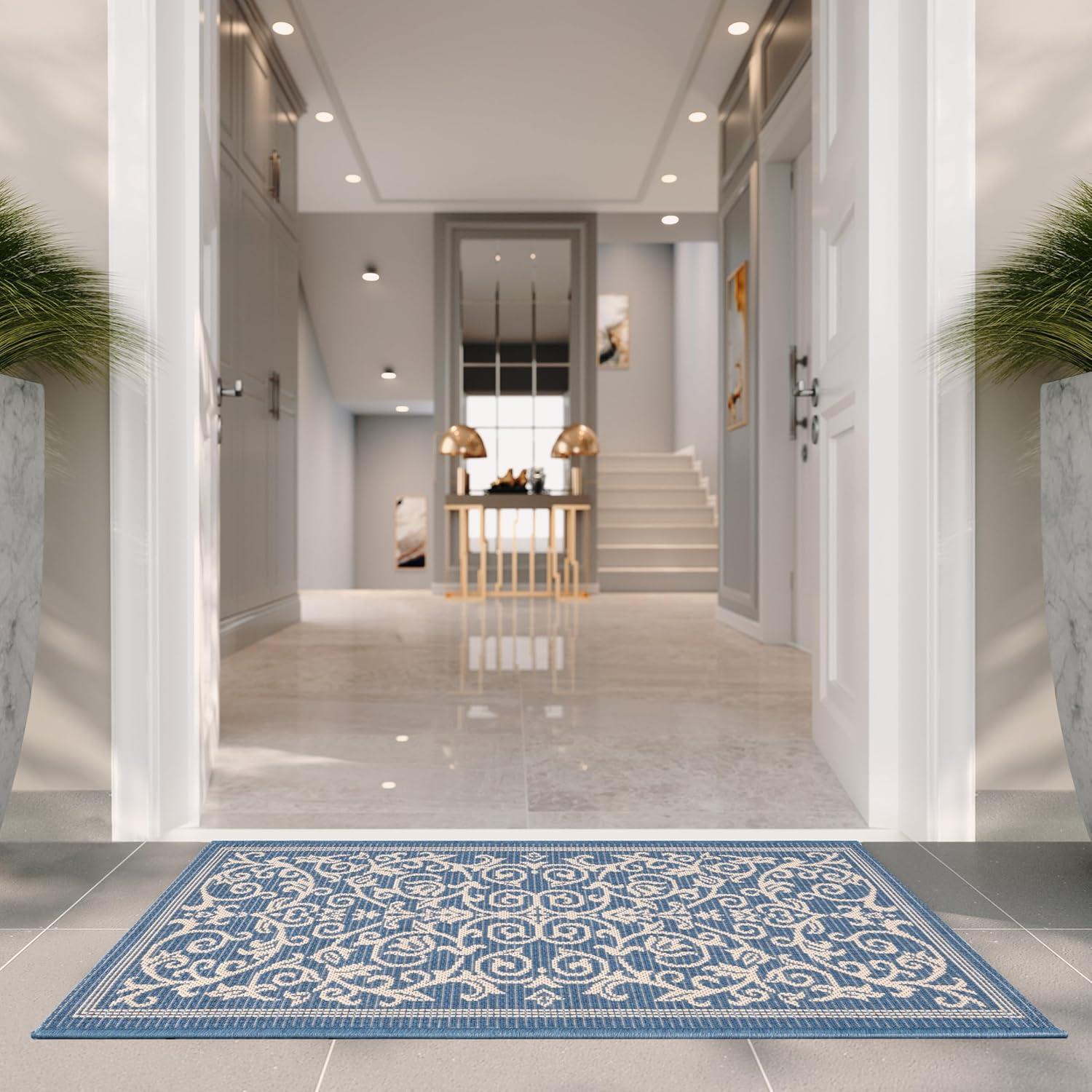 image:imageSAFAVIEH Washable Rug Outdoor Courtyard Collection 4 x 57 Terracotta amp Natural NonShedding amp Easy Cleaning Ideal for Patio Backyard Mudroom CY20983202BlueNatural