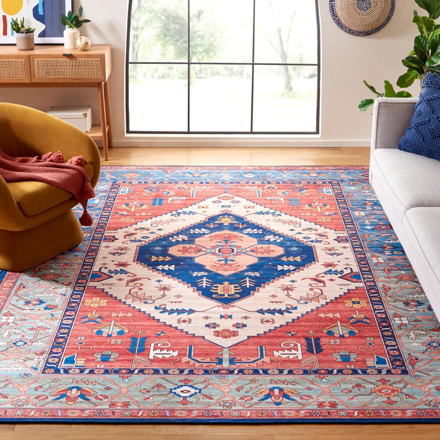 image:imageSAFAVIEH Washable Rug Tucson Collection 5 x 8 Rust amp Blue Slip Resistant amp Easy to Clean Ideal for Living Room Bedroom Dining Space TSN133PRustBlue