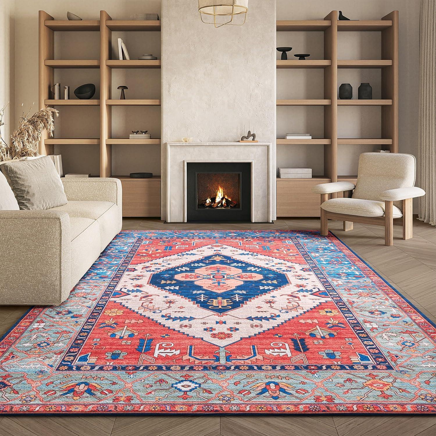 image:imageSAFAVIEH Washable Rug Tucson Collection 5 x 8 Rust amp Blue Slip Resistant amp Easy to Clean Ideal for Living Room Bedroom Dining Space TSN133PRustBlue