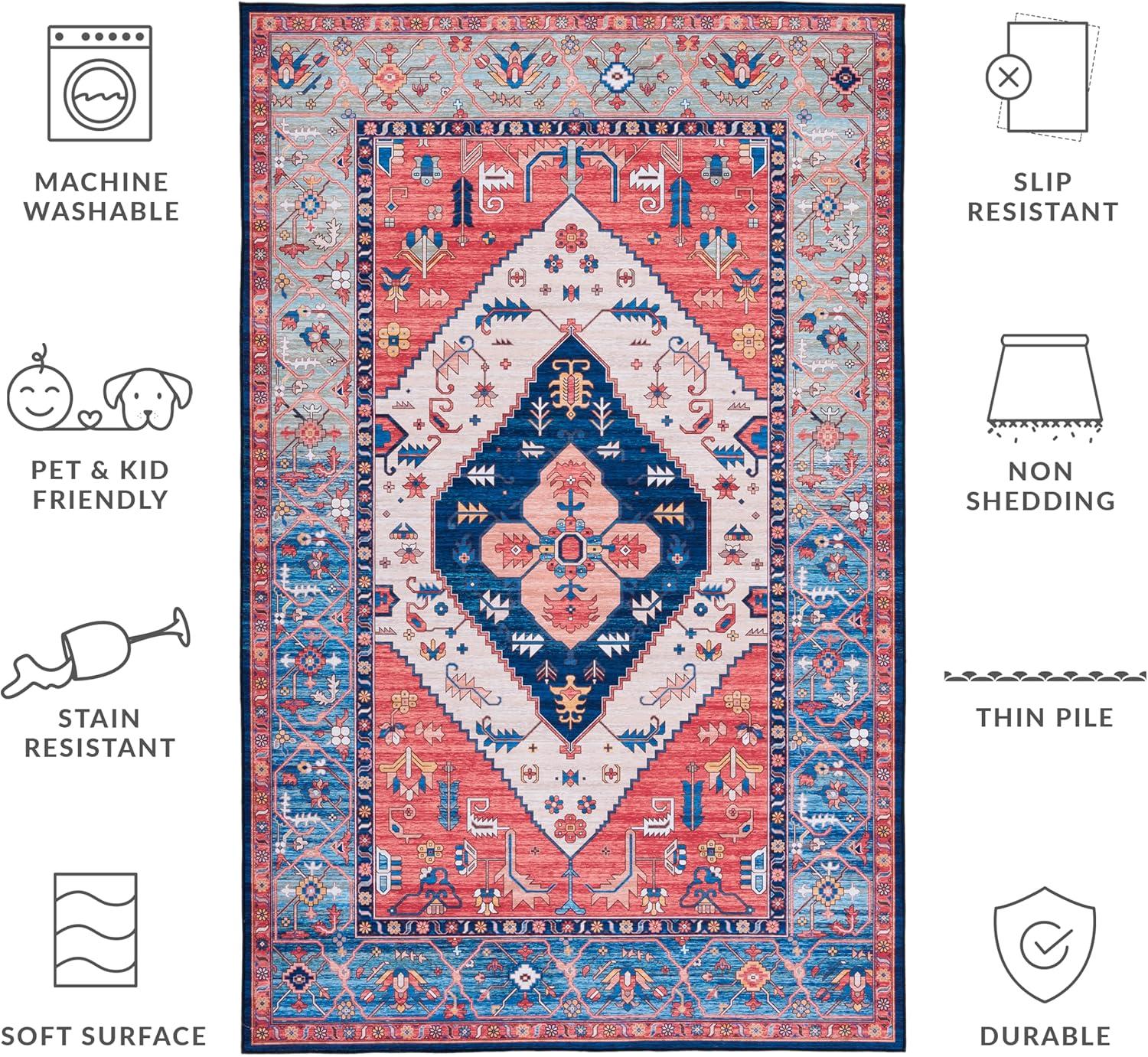 image:imageSAFAVIEH Washable Rug Tucson Collection 5 x 8 Rust amp Blue Slip Resistant amp Easy to Clean Ideal for Living Room Bedroom Dining Space TSN133PRustBlue