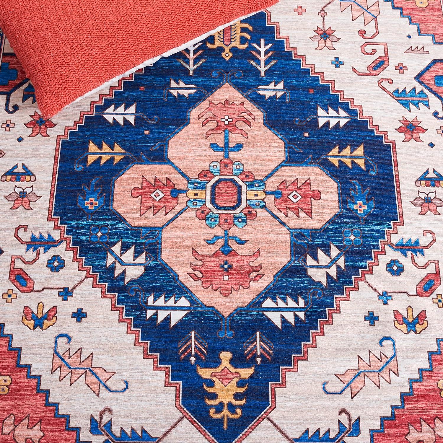 image:imageSAFAVIEH Washable Rug Tucson Collection 5 x 8 Rust amp Blue Slip Resistant amp Easy to Clean Ideal for Living Room Bedroom Dining Space TSN133PRustBlue