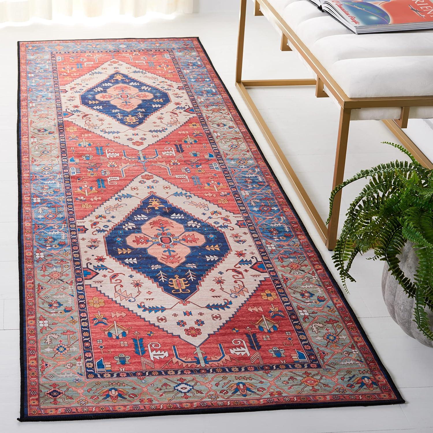 image:imageSAFAVIEH Washable Rug Tucson Collection 5 x 8 Rust amp Blue Slip Resistant amp Easy to Clean Ideal for Living Room Bedroom Dining Space TSN133PRustBlue