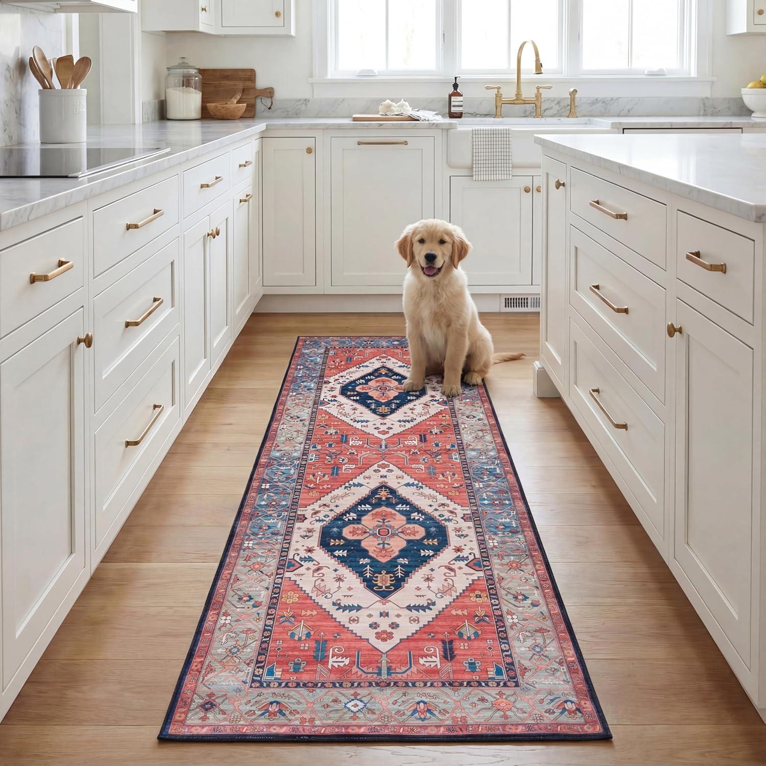 image:imageSAFAVIEH Washable Rug Tucson Collection 5 x 8 Rust amp Blue Slip Resistant amp Easy to Clean Ideal for Living Room Bedroom Dining Space TSN133PRustBlue
