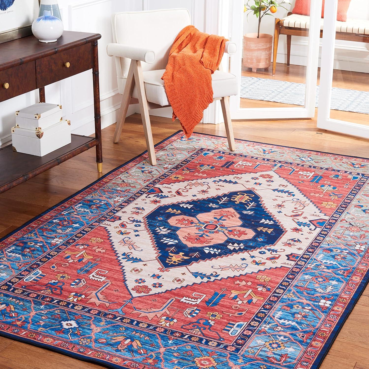 image:imageSAFAVIEH Washable Rug Tucson Collection 5 x 8 Rust amp Blue Slip Resistant amp Easy to Clean Ideal for Living Room Bedroom Dining Space TSN133PRustBlue