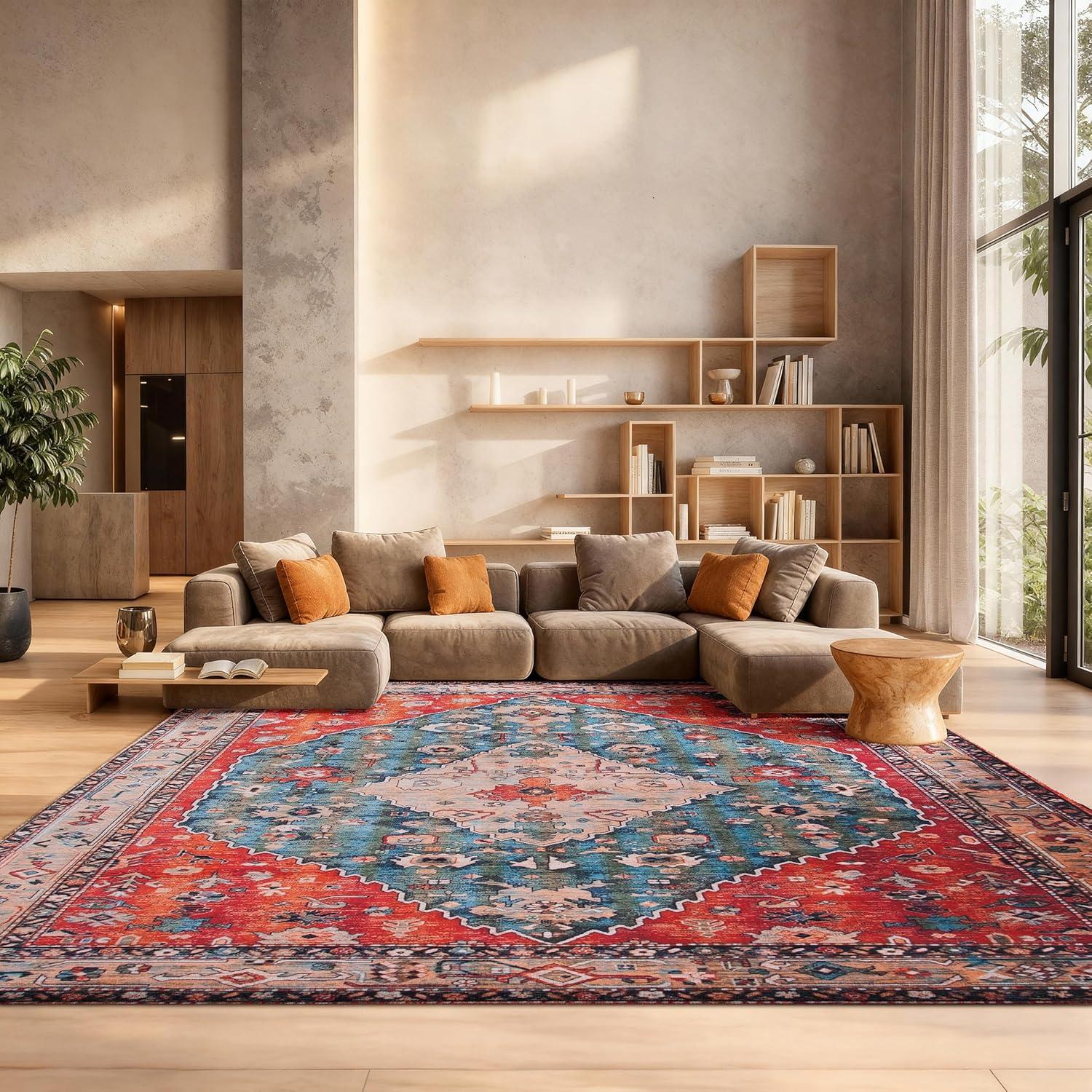 image:imageSAFAVIEH Washable Rug Tucson Collection 8 x 10 Beige amp Blue Slip Resistant amp Easy to Clean Ideal for Living Room Bedroom Dining Space TSN104BBeigeBlue