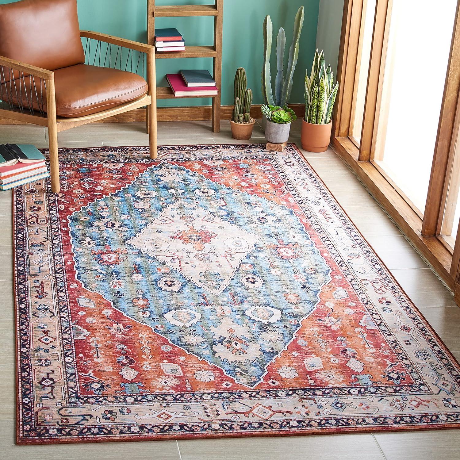 image:imageSAFAVIEH Washable Rug Tucson Collection 8 x 10 Beige amp Blue Slip Resistant amp Easy to Clean Ideal for Living Room Bedroom Dining Space TSN104BBeigeBlue