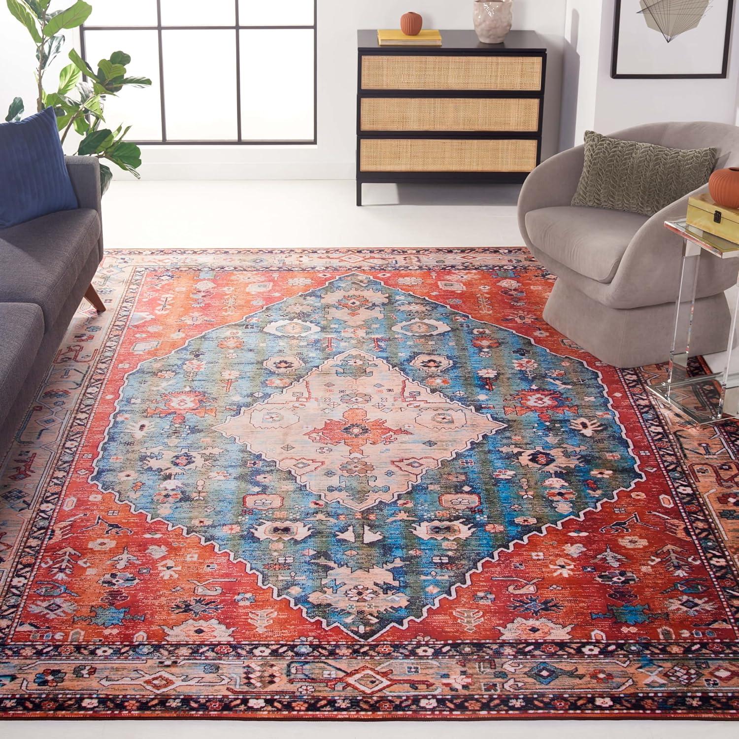 image:imageSAFAVIEH Washable Rug Tucson Collection 8 x 10 Beige amp Blue Slip Resistant amp Easy to Clean Ideal for Living Room Bedroom Dining Space TSN104BBeigeBlue