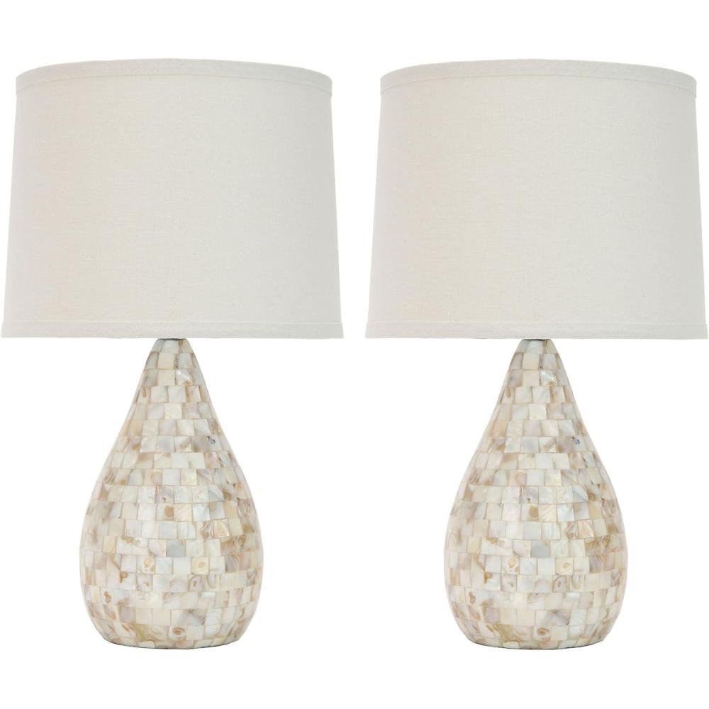 image:imageSAFAVIEH Lighting Collection  Lauralie Nautical Cream Capiz Shell Table Lamp Set of 2 21Inch Bedroom Living Room Home Office Desk Nightstand Lamps LED Bulbs Included LIT4011ASET2Ivory