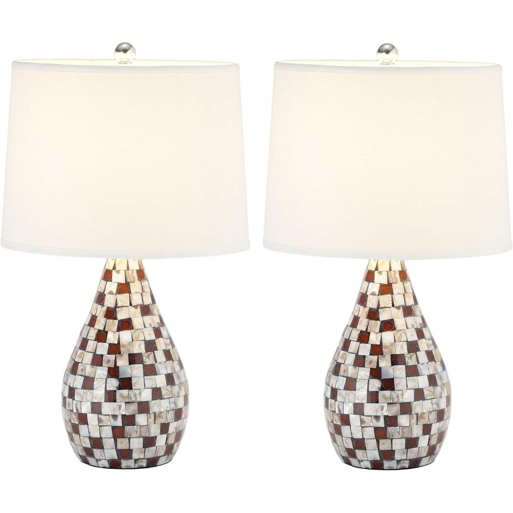 image:imageSAFAVIEH Lighting Collection  Lauralie Nautical Cream Capiz Shell Table Lamp Set of 2 21Inch Bedroom Living Room Home Office Desk Nightstand Lamps LED Bulbs Included LIT4011ASET2Brown