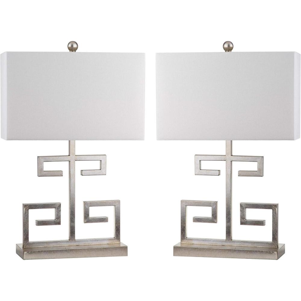 image:imageSAFAVIEH Lighting Collection  Set of 2 Greek Key Modern Gold 24Inch Table Lamps White Rectangular Shade LED Bulbs Included Bedroom Living Room Home Office LIT4160CSET2Chrome  Set of 2