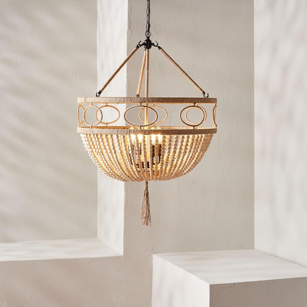 image:imageSAFAVIEH Lighting Collection  Whitley Bohemian Wooden Beaded Tassel 4Light Adjustable Pendant Chandelier Hanging Ceiling Fixture PND4085A