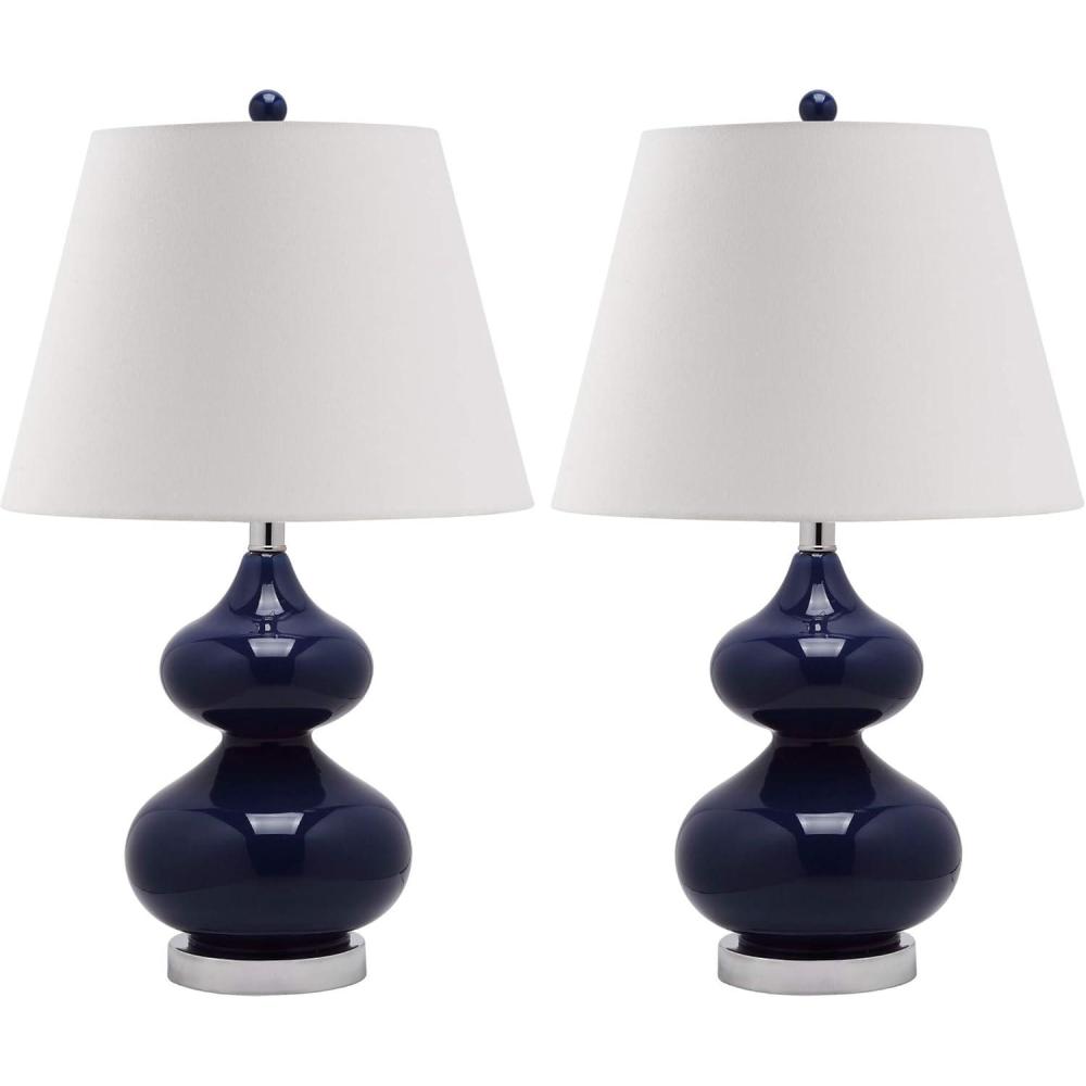 image:imageSAFAVIEH Lighting Collection Eva Modern Contemporary Fern Green Double Gourd Glass 24inch Bedroom Living Room Home Office Desk Nightstand Table Lamp Set of 2 LED Bulbs IncludedNavy Set of 2