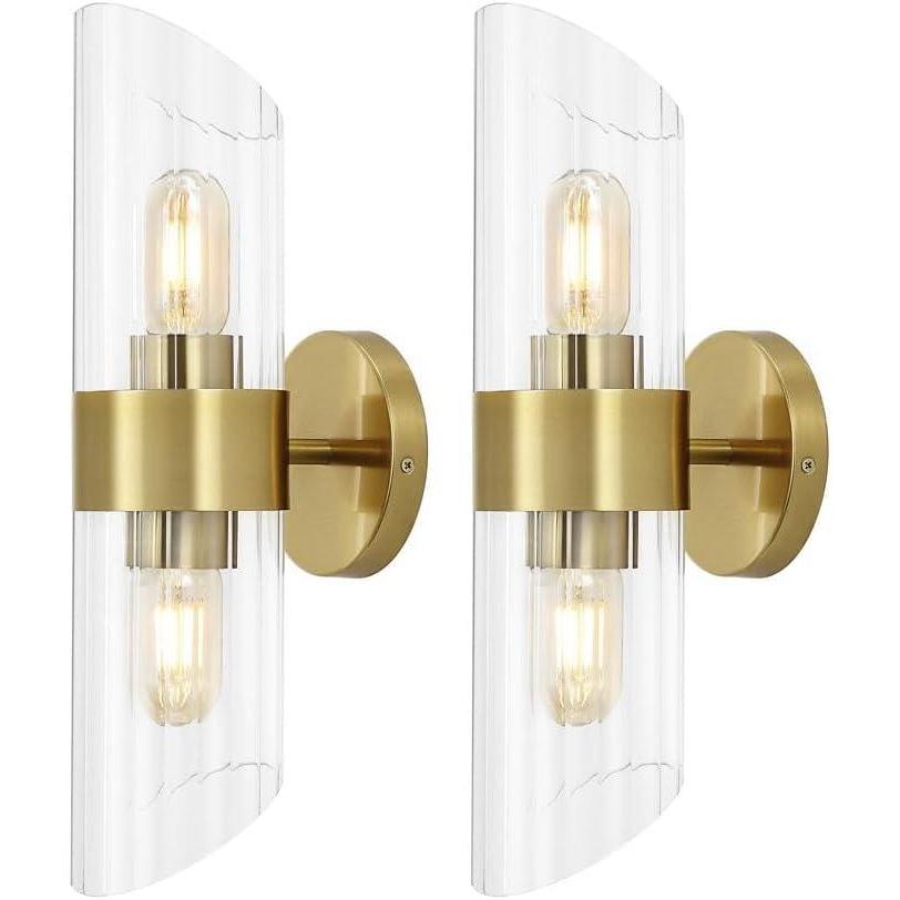 image:imageSAFAVIEH Lighting Collection Eytan Clear GlassBlack Vertical Wall Sconce Set of 2 Light Fixture Ideal for Bathroom Entryway Vanity Foyer Hallway Living Room LED Bulbs IncludedBrass
