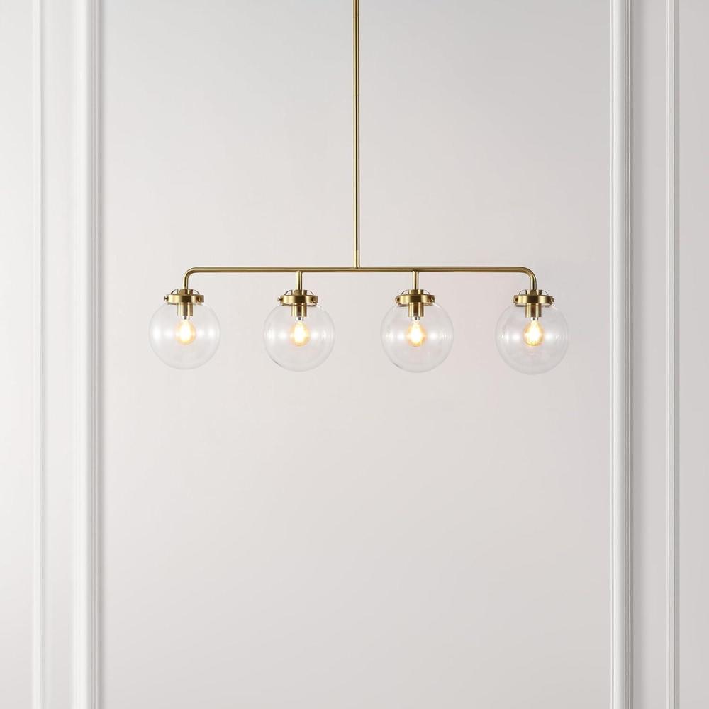 image:imageSAFAVIEH Lighting Collection Markle Brass GoldClear 4Light Adjustable Pendant Chandelier Hanging Light Fixture Ideal for Dining Room Kitchen Island Entryway LED Bulbs Included