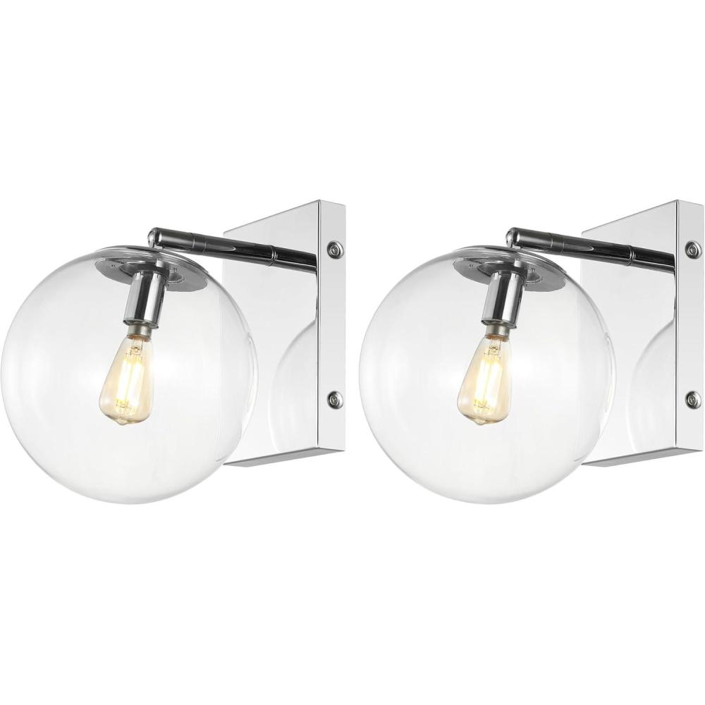image:imageSAFAVIEH Lighting Collection Seoul Modern GoldClear Glass Globe Shade Wall Sconce Set of 2 Light Fixture Ideal for Bathroom Entryway Vanity Foyer Hallway Living Room LED Bulbs IncludedChrome