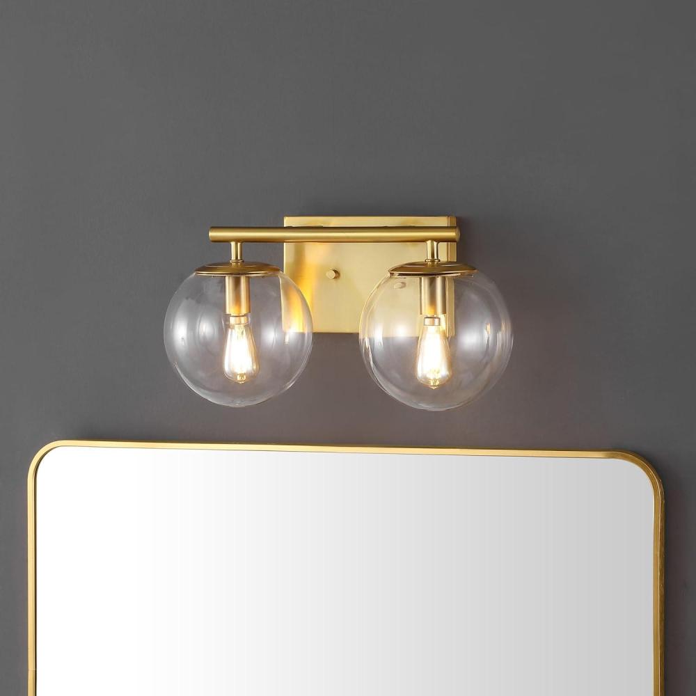 image:imageSAFAVIEH Lighting Collection Severa BrassClear Glass Globe Shade 2Light Wall Sconce Light Fixture Ideal for Bathroom Entryway Vanity Foyer Hallway Living Room LED Bulb IncludedBrass