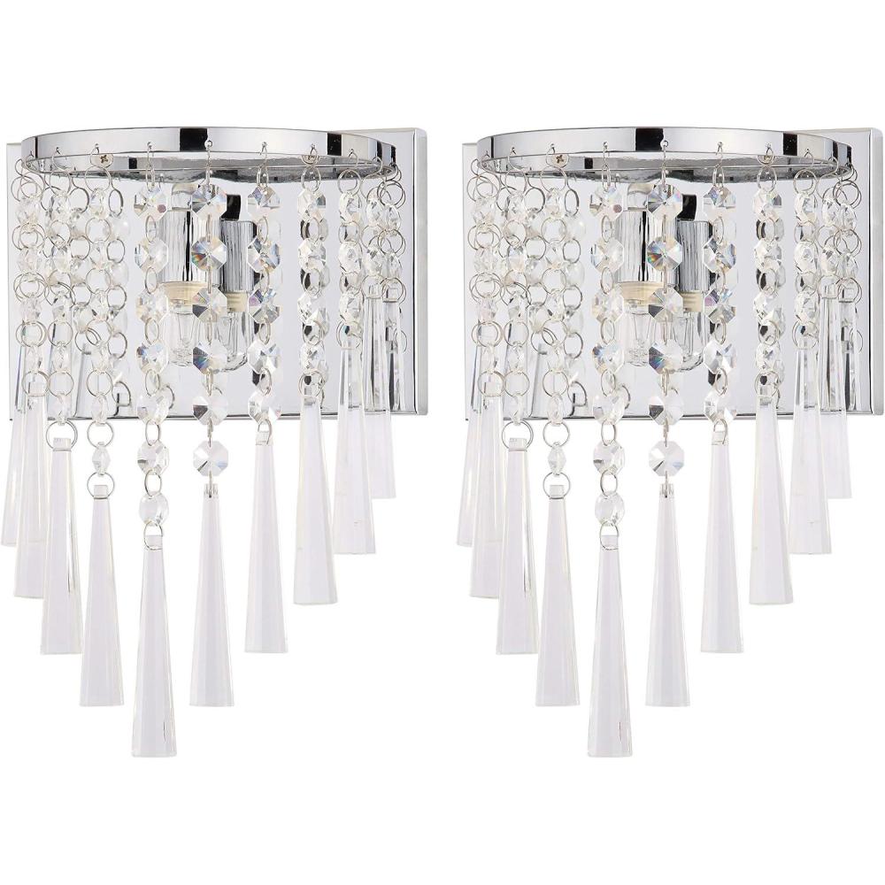 image:imageSAFAVIEH Lighting Collection Tilly Art Deco Modern Glam Chrome Iron Beaded Crystal Bedroom Bathroom Vanity Hallway Foyer Living Room Wall Sconce Set of 2 LED Bulbs Included