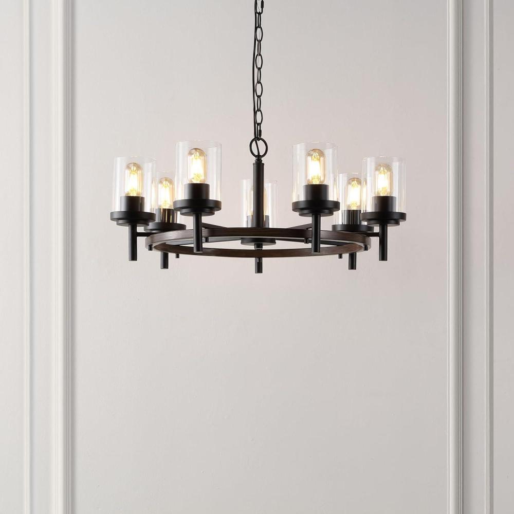 image:imageSAFAVIEH Lighting Collection Vancouver Modern BlackBrown 7Light Round Wagon Wheel Hanging Adjustable Chandelier Light Fixture LED Bulbs Included