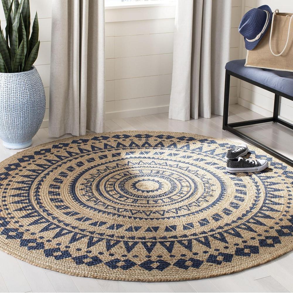 image:imageSAFAVIEH Natural Fiber Collection Area Rug  3 Round Teal amp Natural Handmade Boho Mandala Braided Jute Ideal for High Traffic Areas in Living Room Bedroom NF802ERoyal BlueNatural