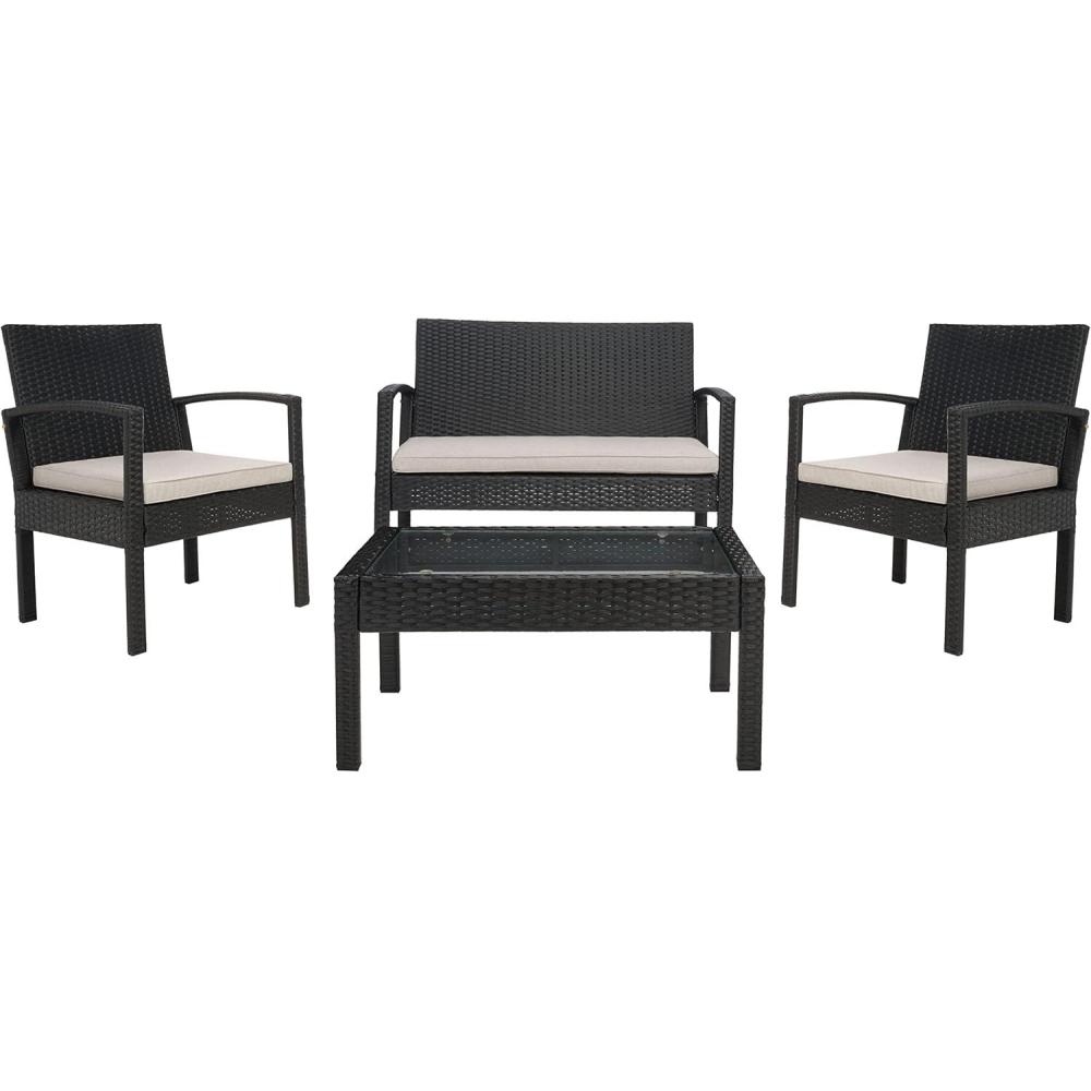 image:imageSAFAVIEH Outdoor Collection Bassey NaturalWhite Cushion 4Piece Conversation Patio Set PAT7507DBlackLight Grey