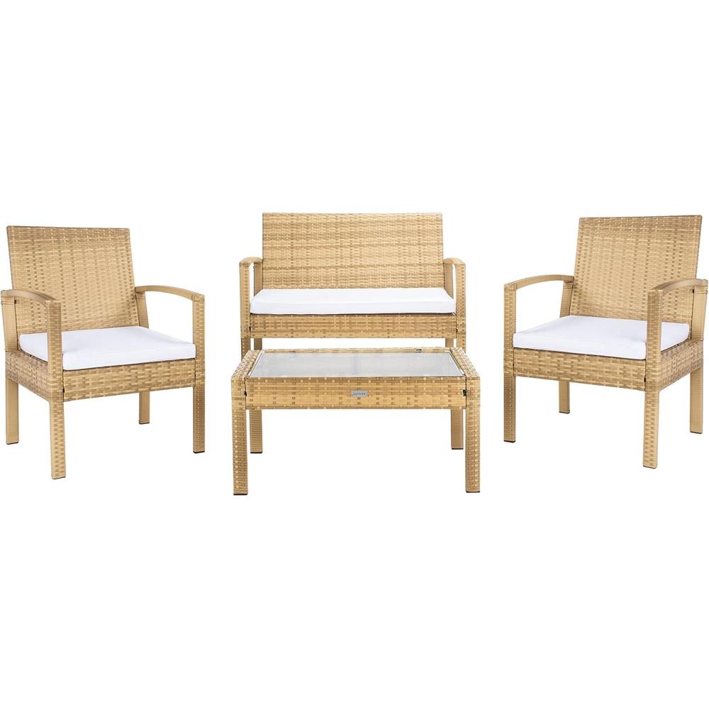 image:imageSAFAVIEH Outdoor Collection Bassey NaturalWhite Cushion 4Piece Conversation Patio Set PAT7507DNaturalWhite