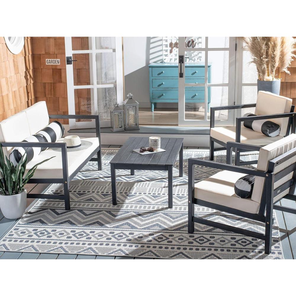 image:imageSAFAVIEH Outdoor Collection Montez Natural Beige Cushions Navy Pillows 4Piece Conversation Patio SetBlack Beige Bolster P