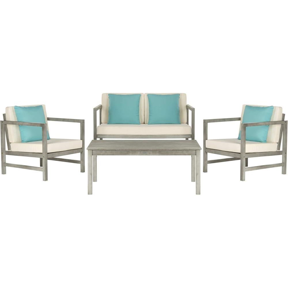 image:imageSAFAVIEH Outdoor Collection Montez Natural Beige Cushions Navy Pillows 4Piece Conversation Patio SetGrey Beige Solid Pillow