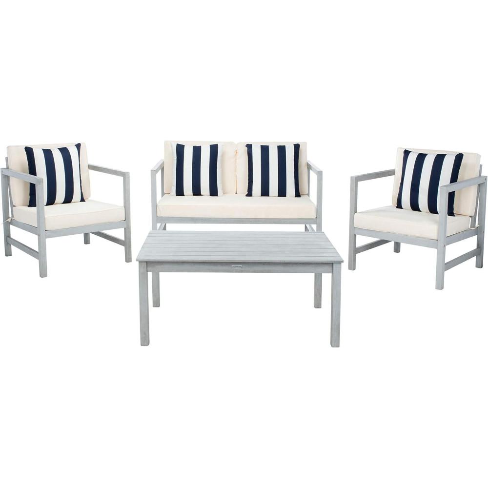 image:imageSAFAVIEH Outdoor Collection Montez Natural Beige Cushions Navy Pillows 4Piece Conversation Patio SetGrey Beige Thick Stripe P