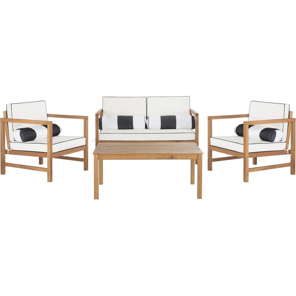 image:imageSAFAVIEH Outdoor Collection Montez Natural Beige Cushions Navy Pillows 4Piece Conversation Patio SetNatural Beige Bolster P