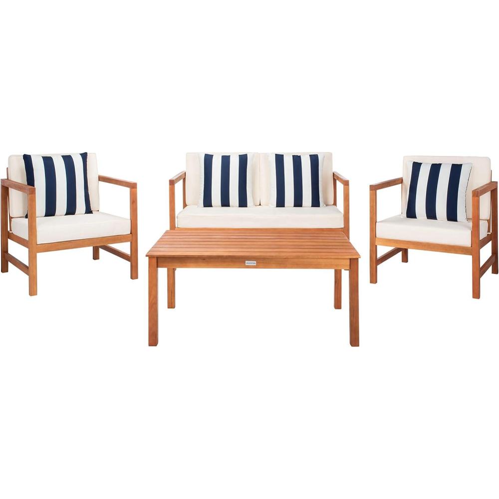 image:imageSAFAVIEH Outdoor Collection Montez Natural Beige Cushions Navy Pillows 4Piece Conversation Patio SetNatural Beige Thick Stripe P
