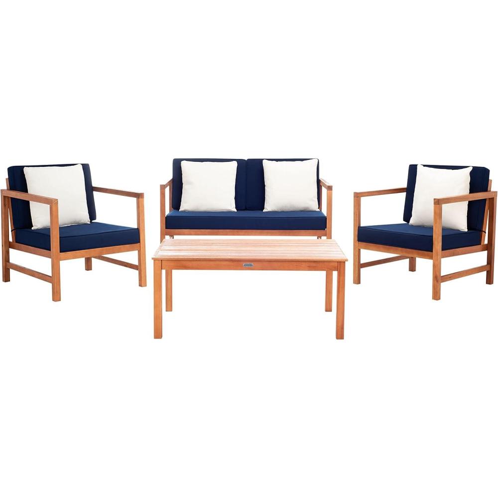 image:imageSAFAVIEH Outdoor Collection Montez Natural Beige Cushions Navy Pillows 4Piece Conversation Patio SetNatural Navy Solid Pillow