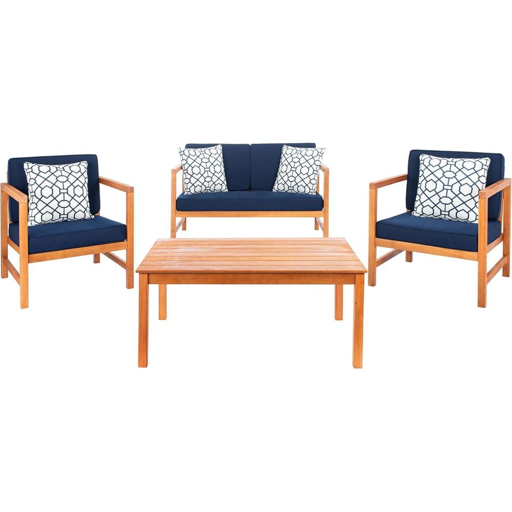 image:imageSAFAVIEH Outdoor Collection Montez Natural Beige Cushions Navy Pillows 4Piece Conversation Patio SetNatural Navy Trellis P