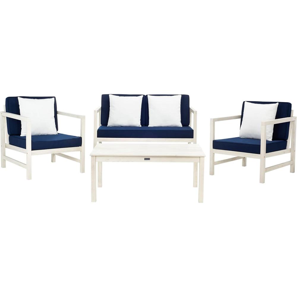 image:imageSAFAVIEH Outdoor Collection Montez Natural Beige Cushions Navy Pillows 4Piece Conversation Patio SetWhite Navy Solid Pillow