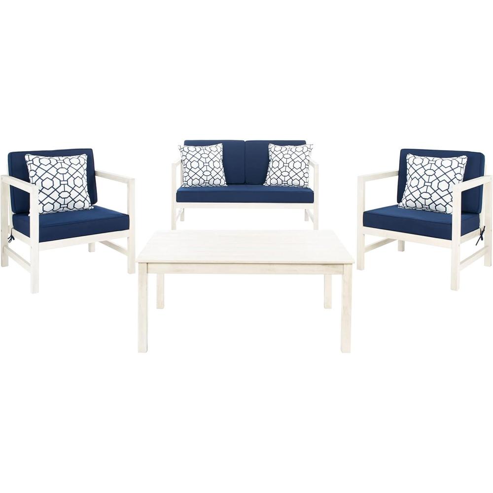 image:imageSAFAVIEH Outdoor Collection Montez Natural Beige Cushions Navy Pillows 4Piece Conversation Patio SetWhite Navy Trellis Pillow