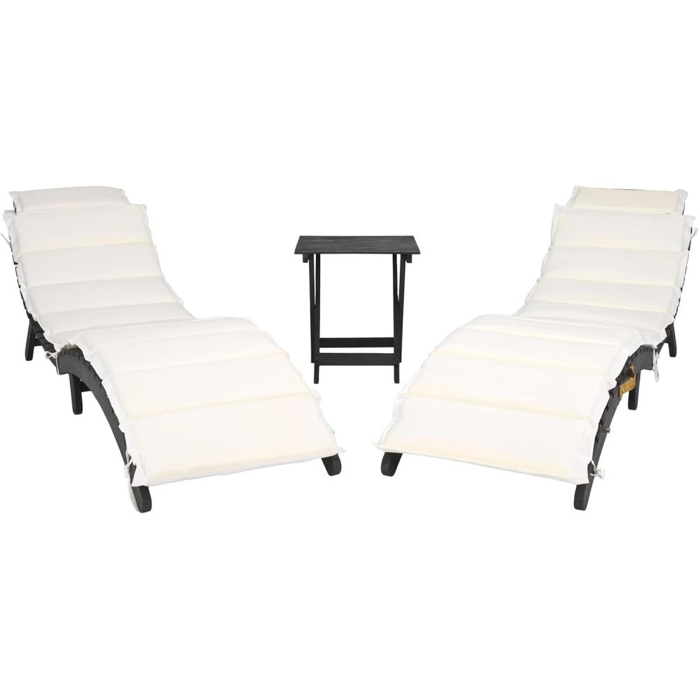 image:imageSAFAVIEH Outdoor Collection Pacifica Natural Brown Solid WoodNavy Cushion 3Piece Chaise Lounge Set with Table PAT7020CBlackBeige