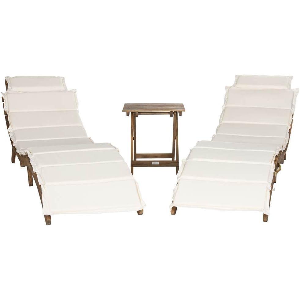 image:imageSAFAVIEH Outdoor Collection Pacifica Natural Brown Solid WoodNavy Cushion 3Piece Chaise Lounge Set with Table PAT7020CNaturalBeige