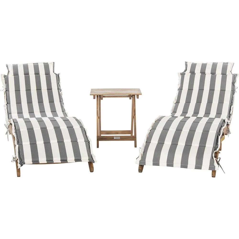 image:imageSAFAVIEH Outdoor Collection Pacifica Natural Brown Solid WoodNavy Cushion 3Piece Chaise Lounge Set with Table PAT7020CNaturalGrey Stripe