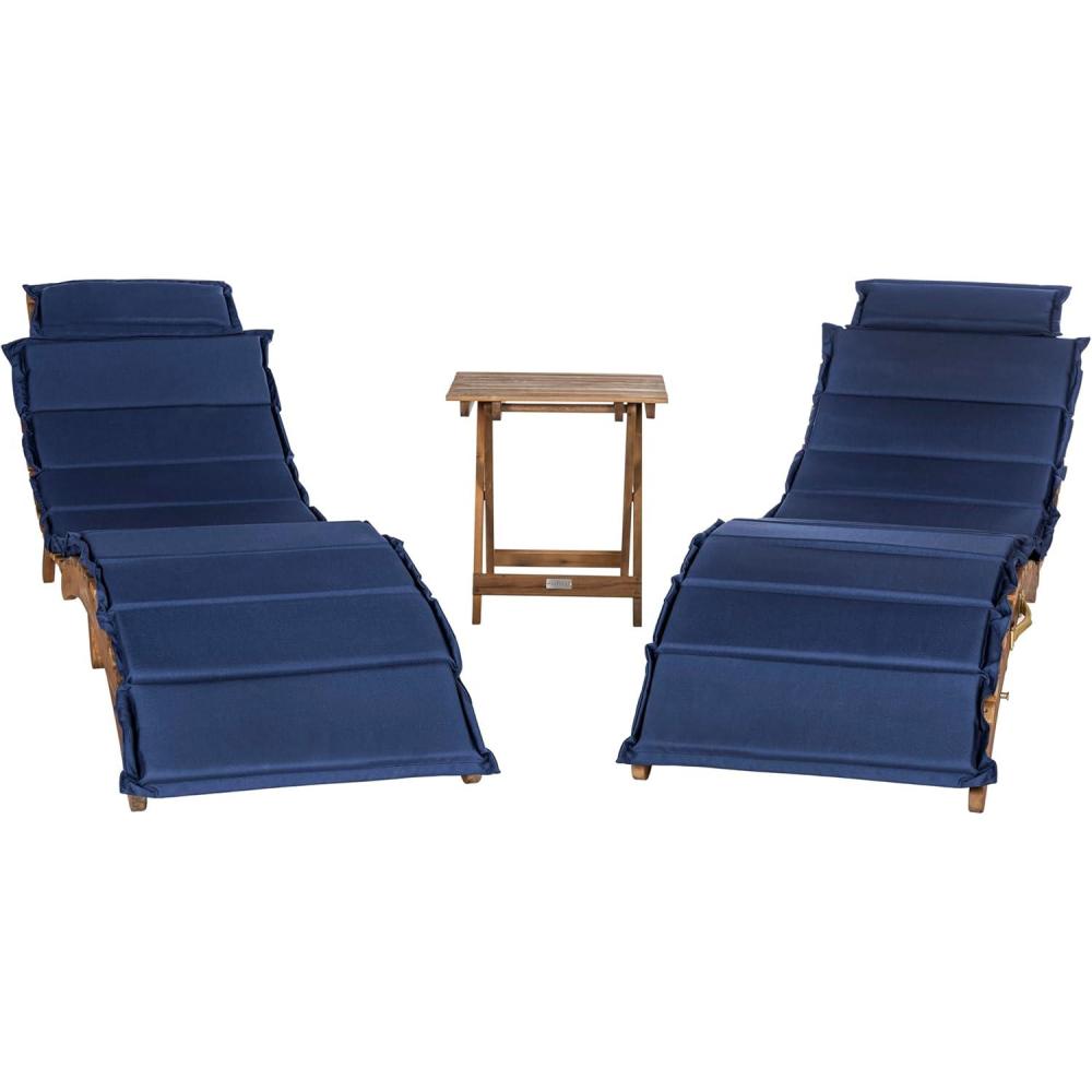 image:imageSAFAVIEH Outdoor Collection Pacifica Natural Brown Solid WoodNavy Cushion 3Piece Chaise Lounge Set with Table PAT7020CNaturalNavy