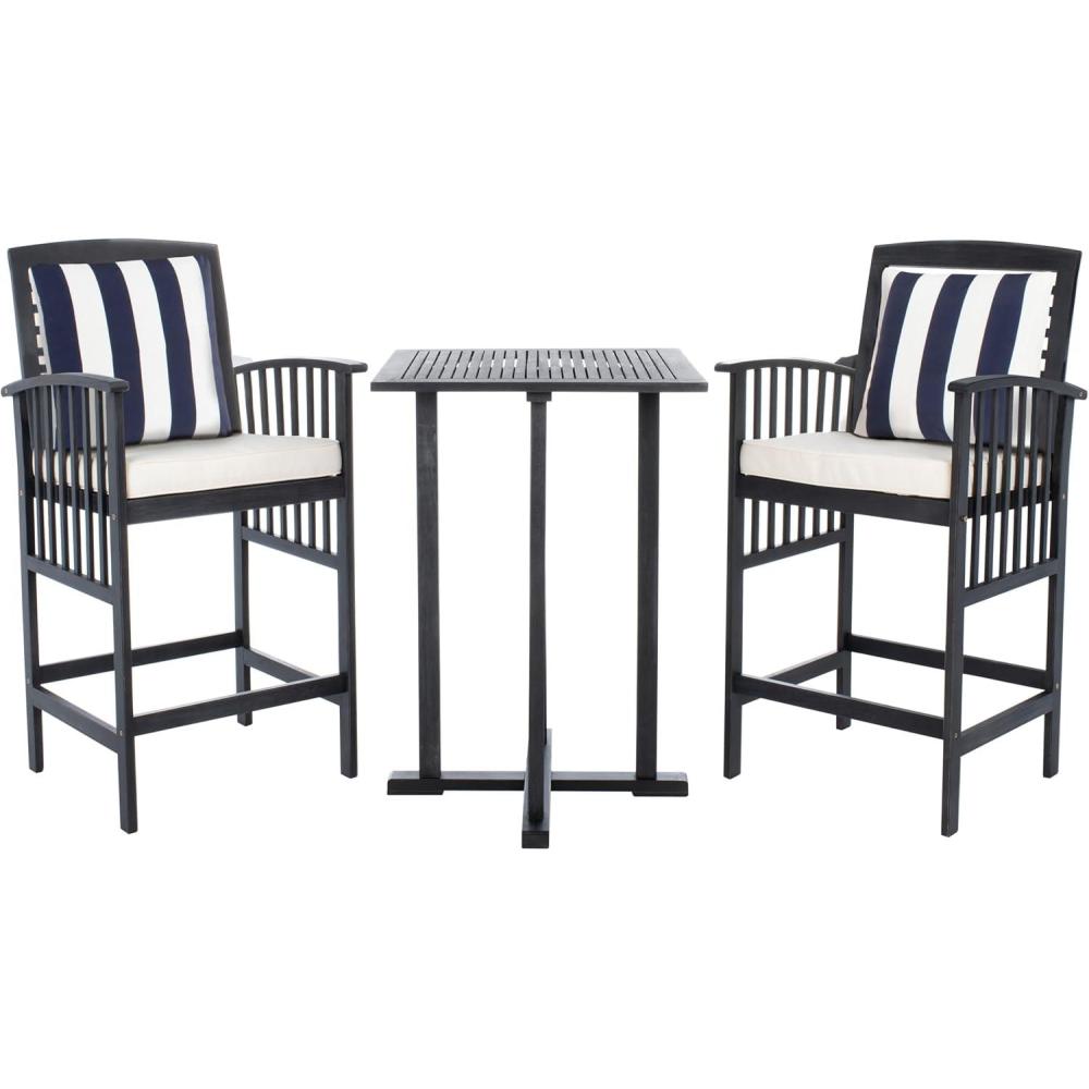 image:imageSAFAVIEH Outdoor Collection Pate White Navy Cushions Stripe Pillows 3Piece Bar Table Bistro SetBlack  Beige  Thick Stripe P