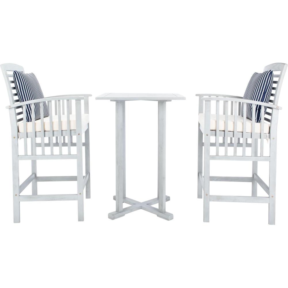 image:imageSAFAVIEH Outdoor Collection Pate White Navy Cushions Stripe Pillows 3Piece Bar Table Bistro SetGrey  Beige  Thin Stripe P