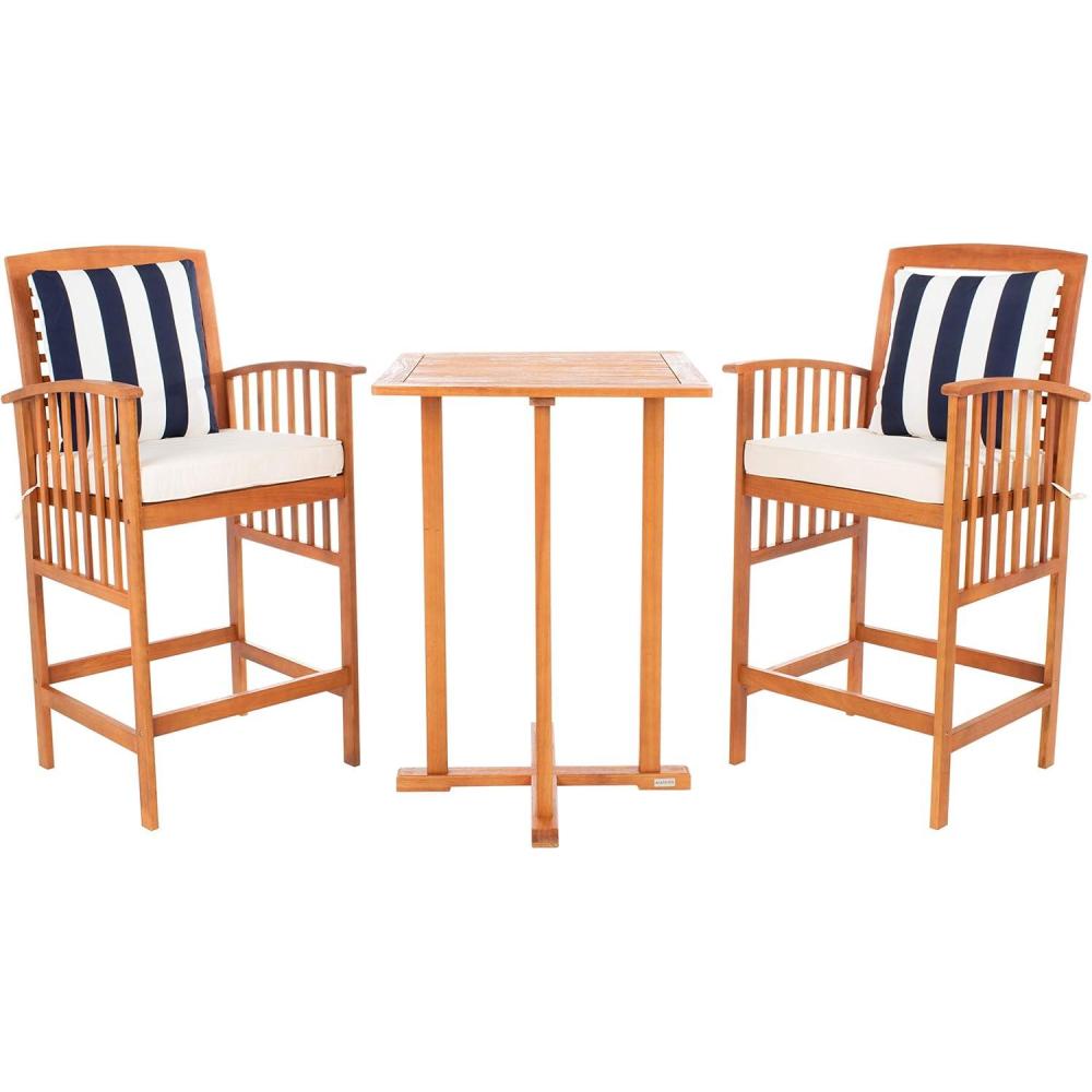 image:imageSAFAVIEH Outdoor Collection Pate White Navy Cushions Stripe Pillows 3Piece Bar Table Bistro SetNatural  Beige  Thick Stripe P