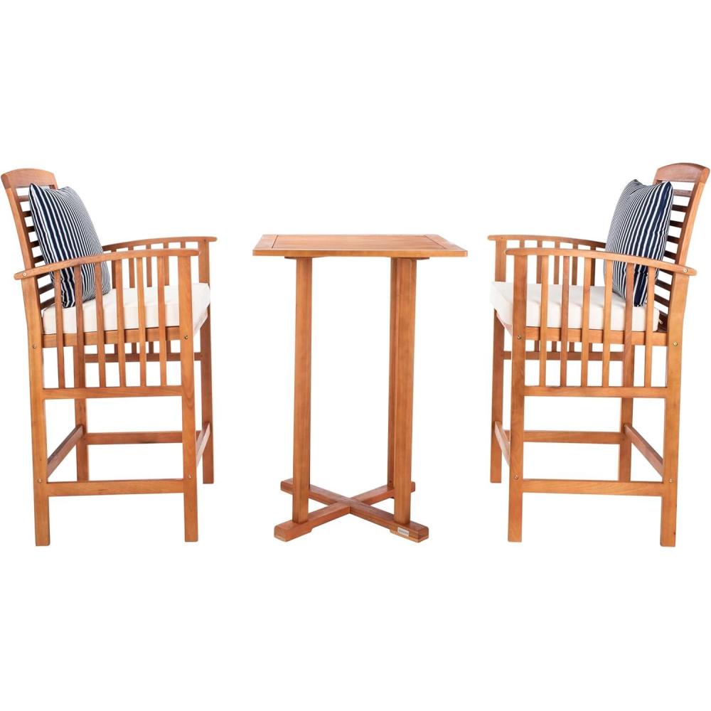 image:imageSAFAVIEH Outdoor Collection Pate White Navy Cushions Stripe Pillows 3Piece Bar Table Bistro SetNatural  Beige  Thin Stripe P