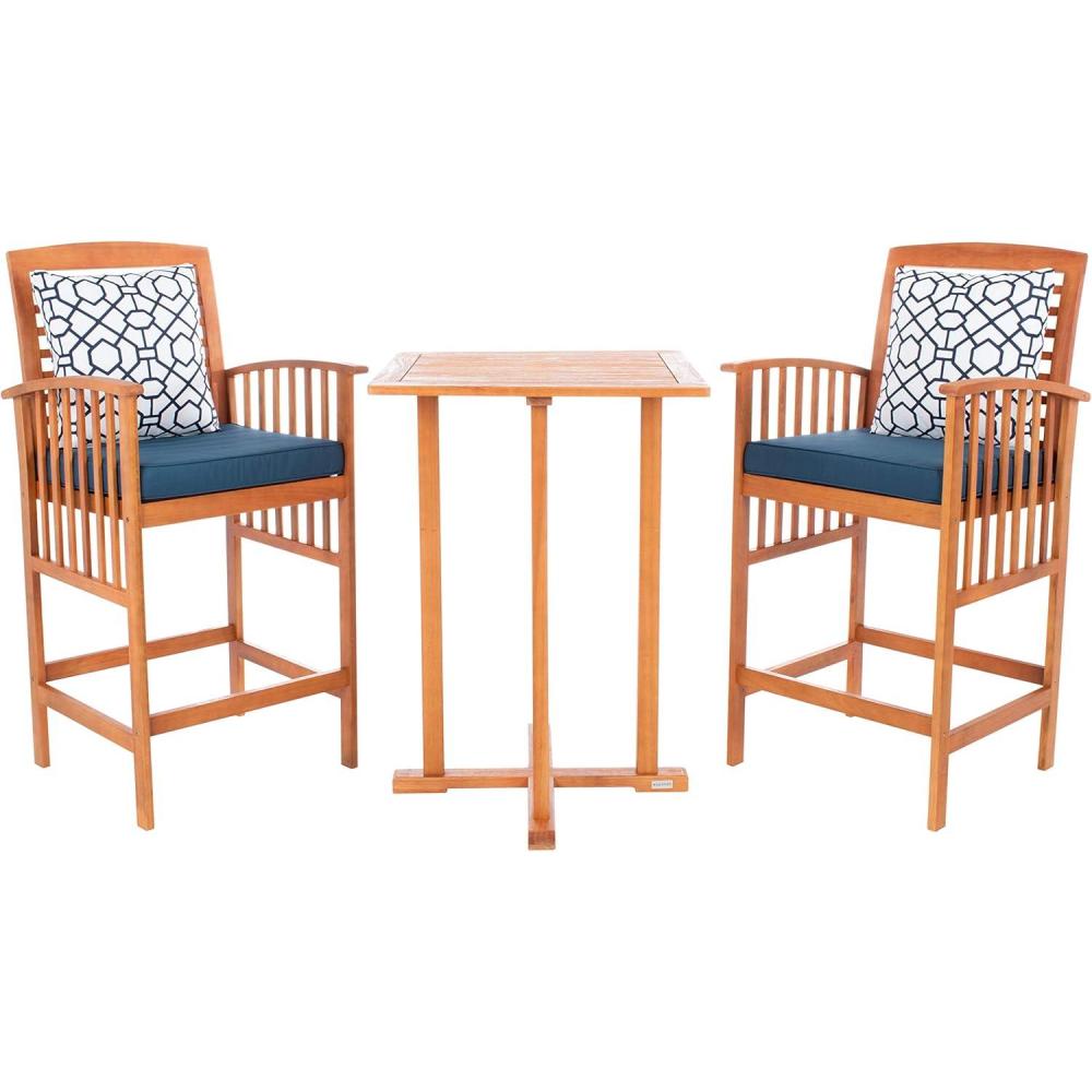 image:imageSAFAVIEH Outdoor Collection Pate White Navy Cushions Stripe Pillows 3Piece Bar Table Bistro SetNatural  Navy  Trellis P
