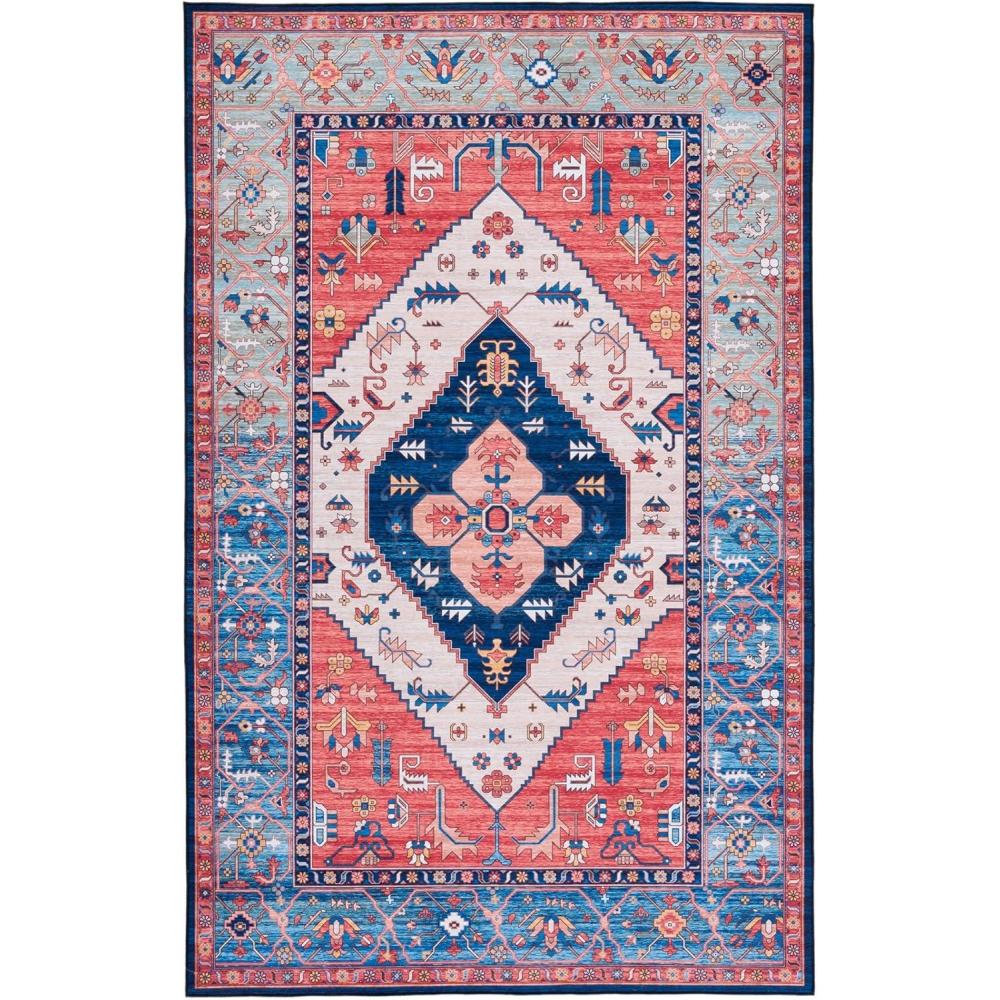 image:imageSAFAVIEH Washable Rug Tucson Collection  5 x 8 Rust amp Blue Slip Resistant amp Easy to Clean Ideal for Living Room Bedroom Dining Space TSN133PRustBlue