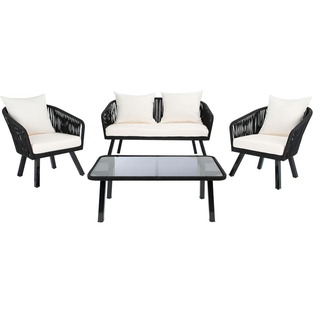 image:imageSafavieh Outdoor Collection Jorda Wicker Cushion 4Piece Rope Patio Backyard Living Set PAT7518B BlackBeigeBlack Beige