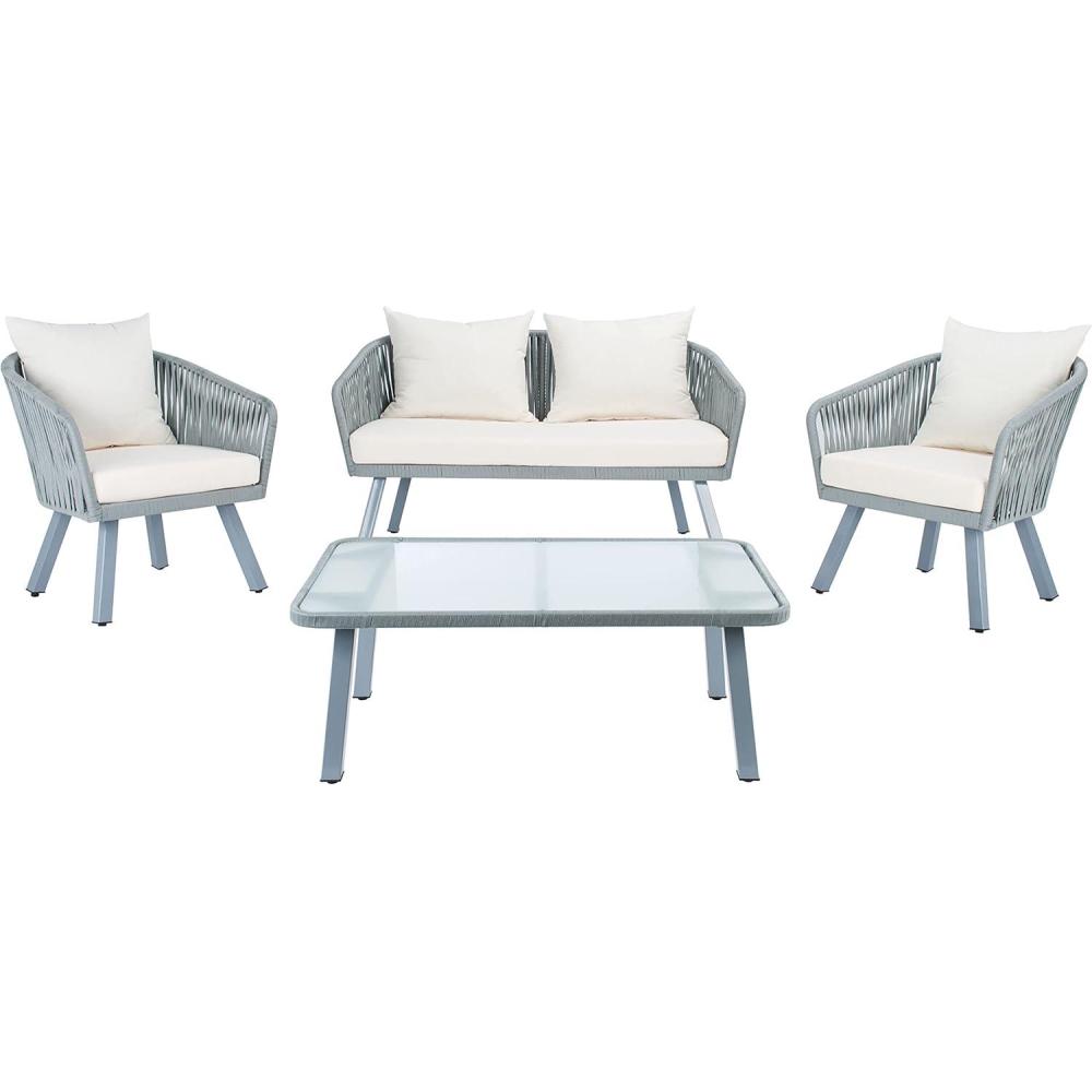 image:imageSafavieh Outdoor Collection Jorda Wicker Cushion 4Piece Rope Patio Backyard Living Set PAT7518B BlackBeigeGrey Beige