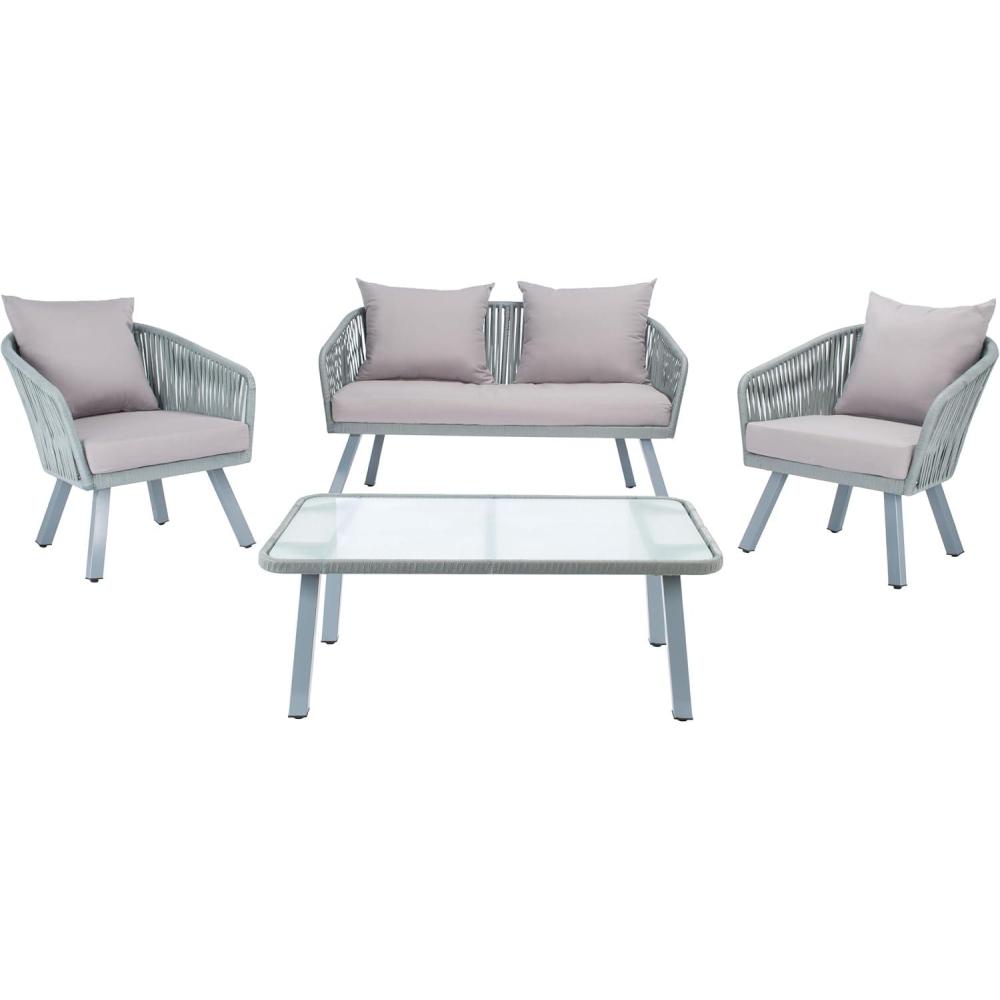 image:imageSafavieh Outdoor Collection Jorda Wicker Cushion 4Piece Rope Patio Backyard Living Set PAT7518B BlackBeigeGrey Grey